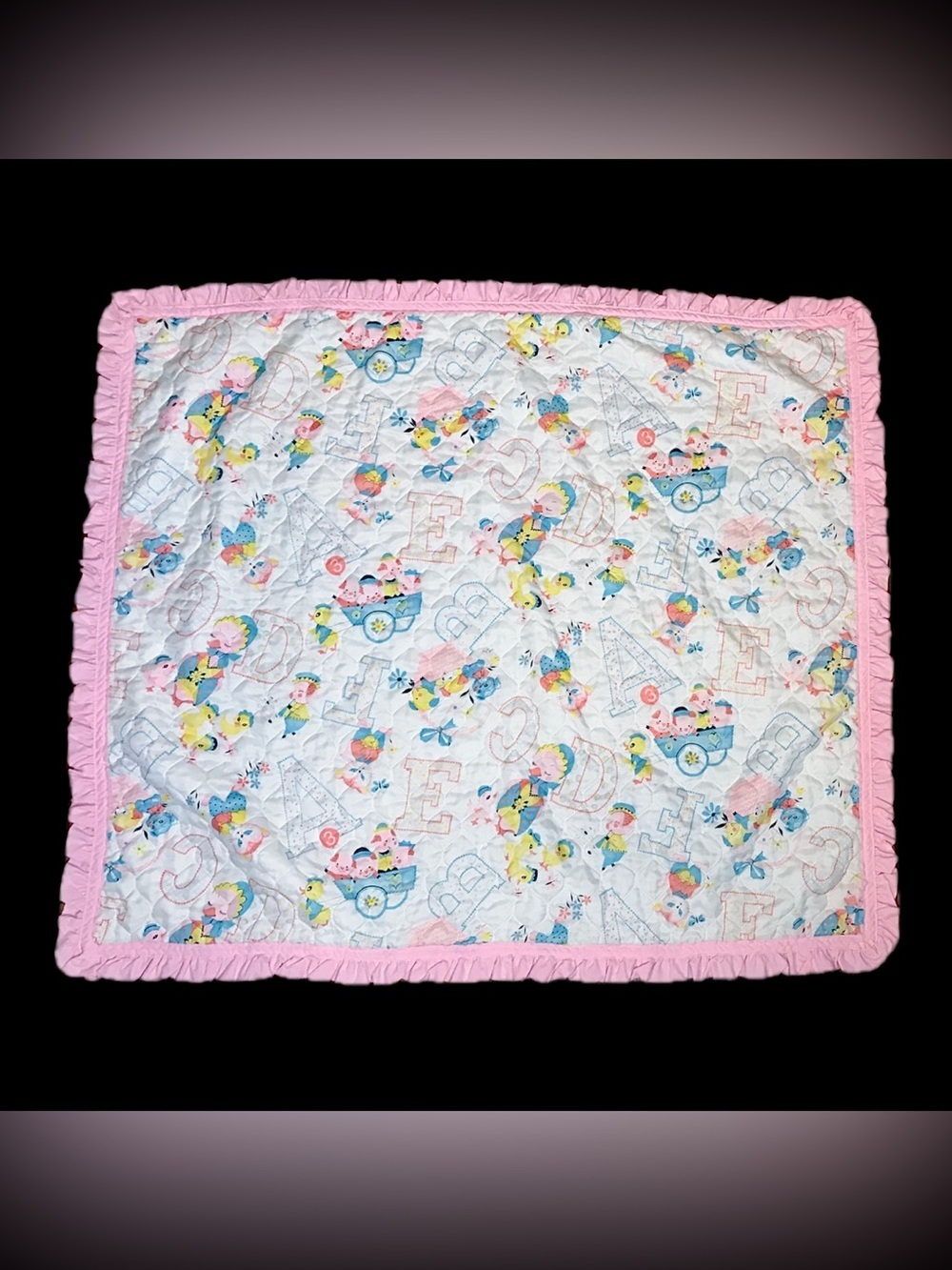 Vintage Handmade 50s Style Animals Baby Quilt Blanket Pink Trim Whimsical Retro